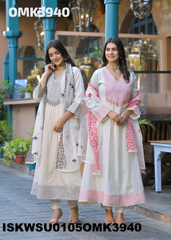 Sequined Cotton Anarkali Kurti With Pant And Organza Dupatta-ISKWSU0105OMK3940