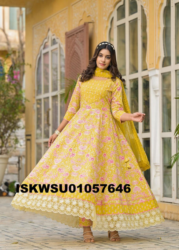 Printed Cotton Anarkali Kurti With Pant And Dupatta-ISKWSU01057646