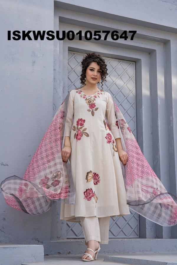 Brush Printed Malmal Cotton Anarkali Kurti With Pant And Dupatta-ISKWSU01057647