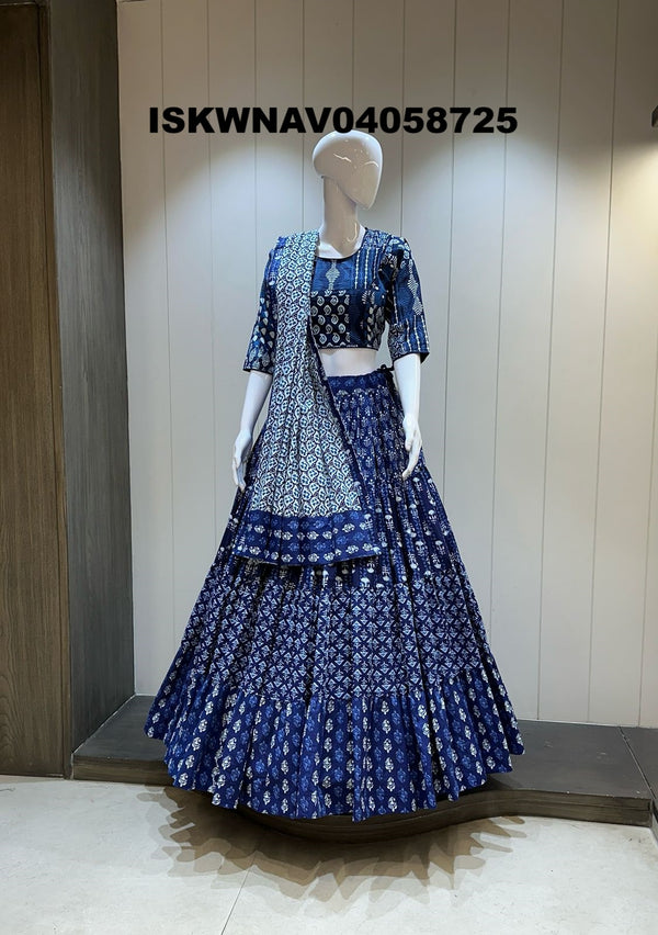 Printed Cotton Lehenga With Blouse And Dupatta-ISKWNAV04058725