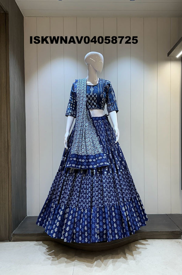 Printed Cotton Lehenga With Blouse And Dupatta-ISKWNAV04058725