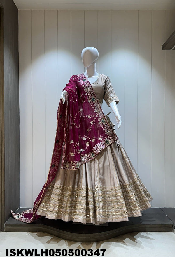 Sequined Silk Lehenga With Padded Blouse And Embroidered Dupatta-ISKWLH050500347