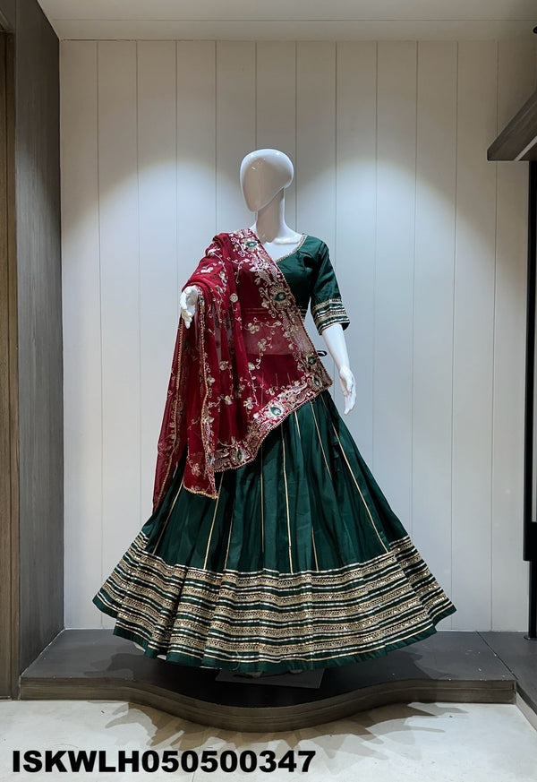 Sequined Silk Lehenga With Padded Blouse And Embroidered Dupatta-ISKWLH050500347