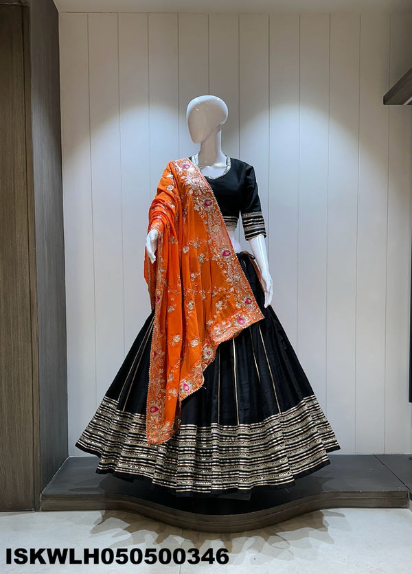Sequined Silk Lehenga With Padded Blouse And Embroidered Dupatta-ISKWLH050500346