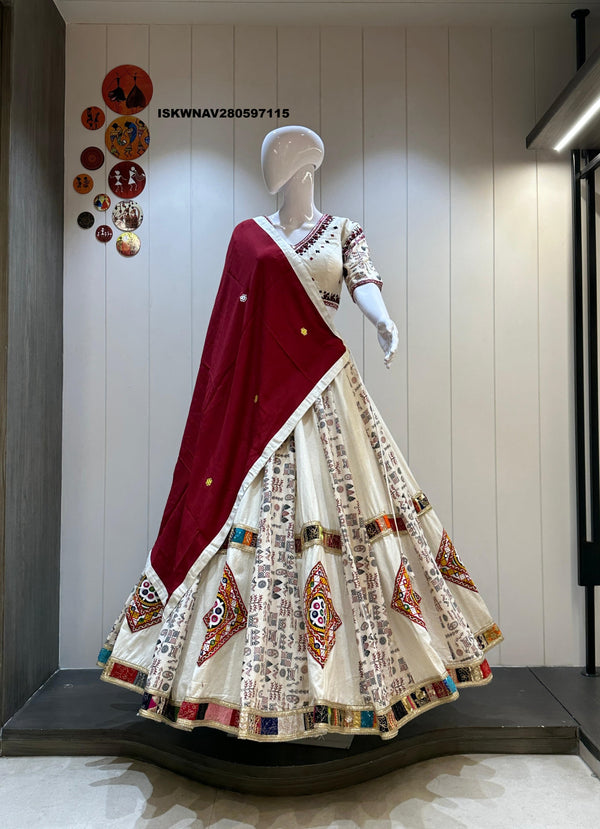 Embroidered Khadi Cotton Lehenga With Padded Blouse And Cotton Silk Dupatta-ISKWNAV280597115