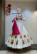Embroidered Khadi Cotton Lehenga With Padded Blouse And Cotton Silk Dupatta-ISKWNAV280597115