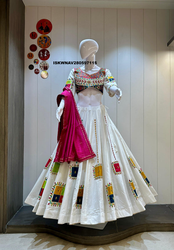 Embroidered Khadi Cotton Lehenga With Padded Blouse And Cotton Silk Dupatta-ISKWNAV280597115