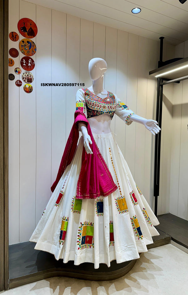 Embroidered Khadi Cotton Lehenga With Padded Blouse And Cotton Silk Dupatta-ISKWNAV280597115