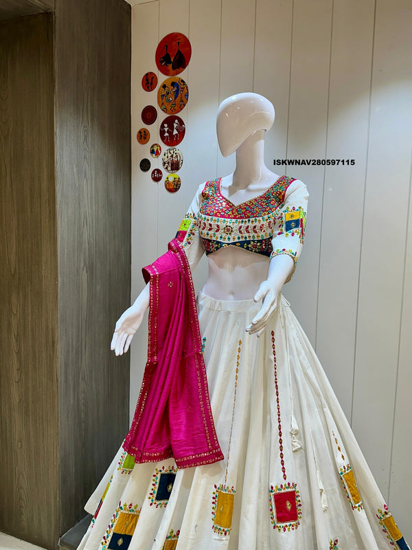 Embroidered Khadi Cotton Lehenga With Padded Blouse And Cotton Silk Dupatta-ISKWNAV280597115