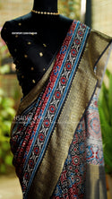 Indigo Ajrakh Printed Munga Crepe Silk Saree With Blouse-ISKWSR1206HS4049/HS4048