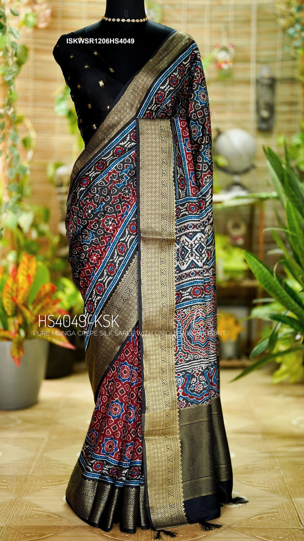 Indigo Ajrakh Printed Munga Crepe Silk Saree With Blouse-ISKWSR1206HS4049/HS4048