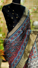 Indigo Ajrakh Printed Munga Crepe Silk Saree With Blouse-ISKWSR1206HS4049/HS4048