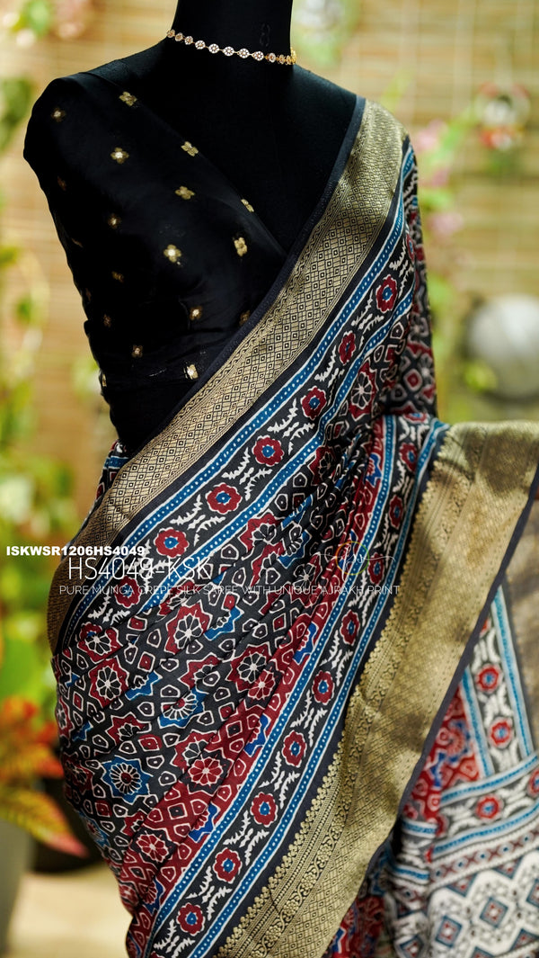 Indigo Ajrakh Printed Munga Crepe Silk Saree With Blouse-ISKWSR1206HS4049/HS4048