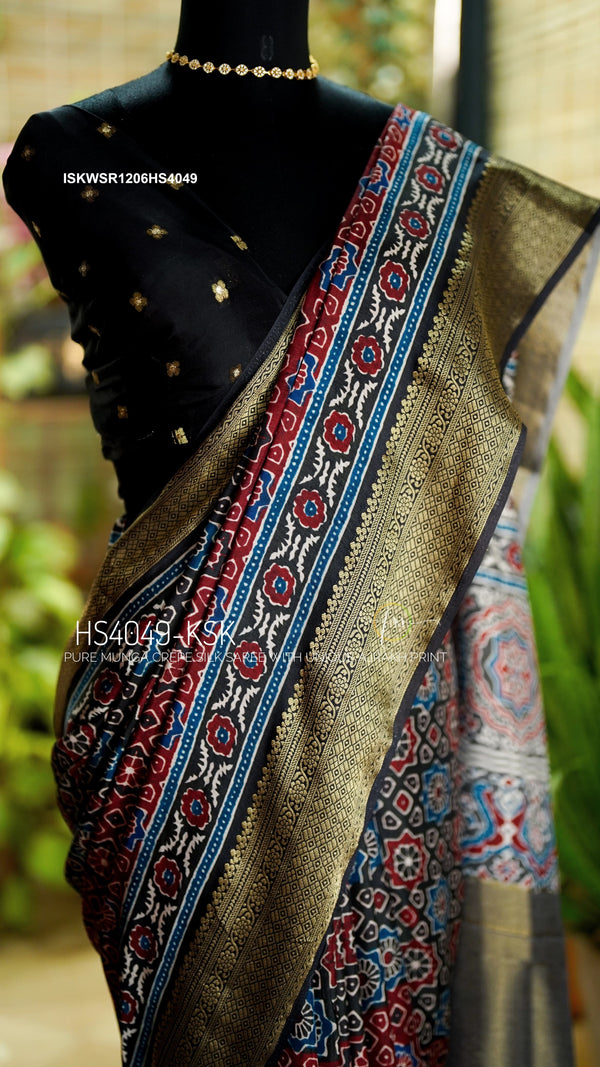 Indigo Ajrakh Printed Munga Crepe Silk Saree With Blouse-ISKWSR1206HS4049/HS4048