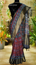 Indigo Ajrakh Printed Munga Crepe Silk Saree With Blouse-ISKWSR1206HS4049/HS4048