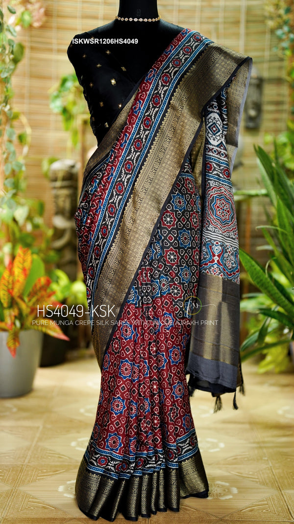Indigo Ajrakh Printed Munga Crepe Silk Saree With Blouse-ISKWSR1206HS4049/HS4048