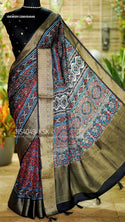 Indigo Ajrakh Printed Munga Crepe Silk Saree With Blouse-ISKWSR1206HS4049/HS4048