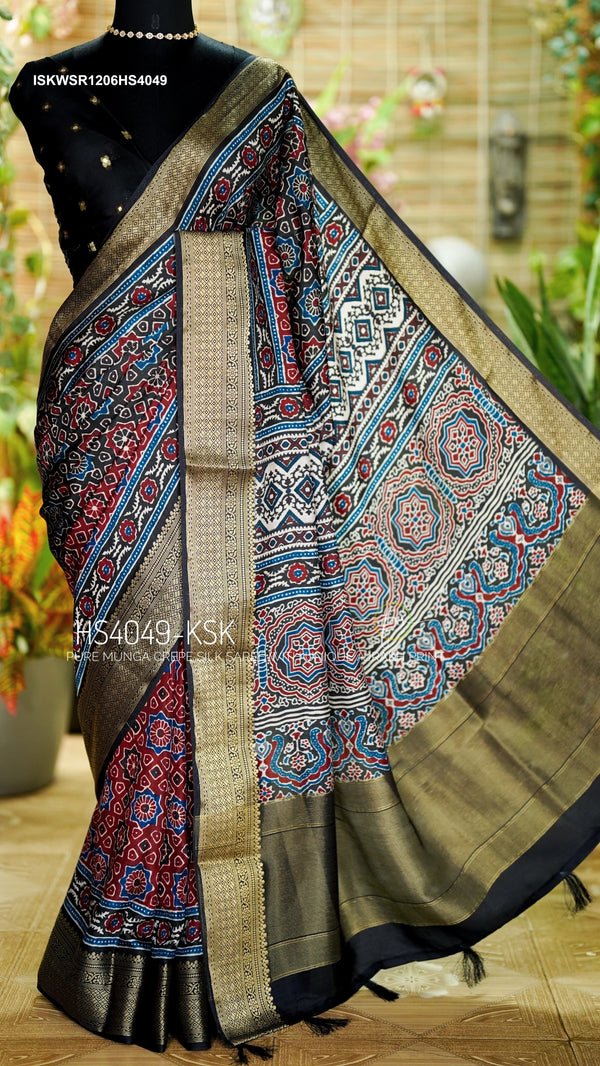 Indigo Ajrakh Printed Munga Crepe Silk Saree With Blouse-ISKWSR1206HS4049/HS4048