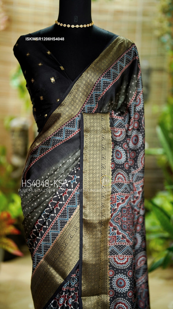 Indigo Ajrakh Printed Munga Crepe Silk Saree With Blouse-ISKWSR1206HS4049/HS4048