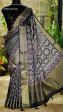 Indigo Ajrakh Printed Munga Crepe Silk Saree With Blouse-ISKWSR1206HS4049/HS4048