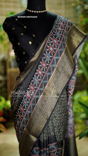 Indigo Ajrakh Printed Munga Crepe Silk Saree With Blouse-ISKWSR1206HS4049/HS4048