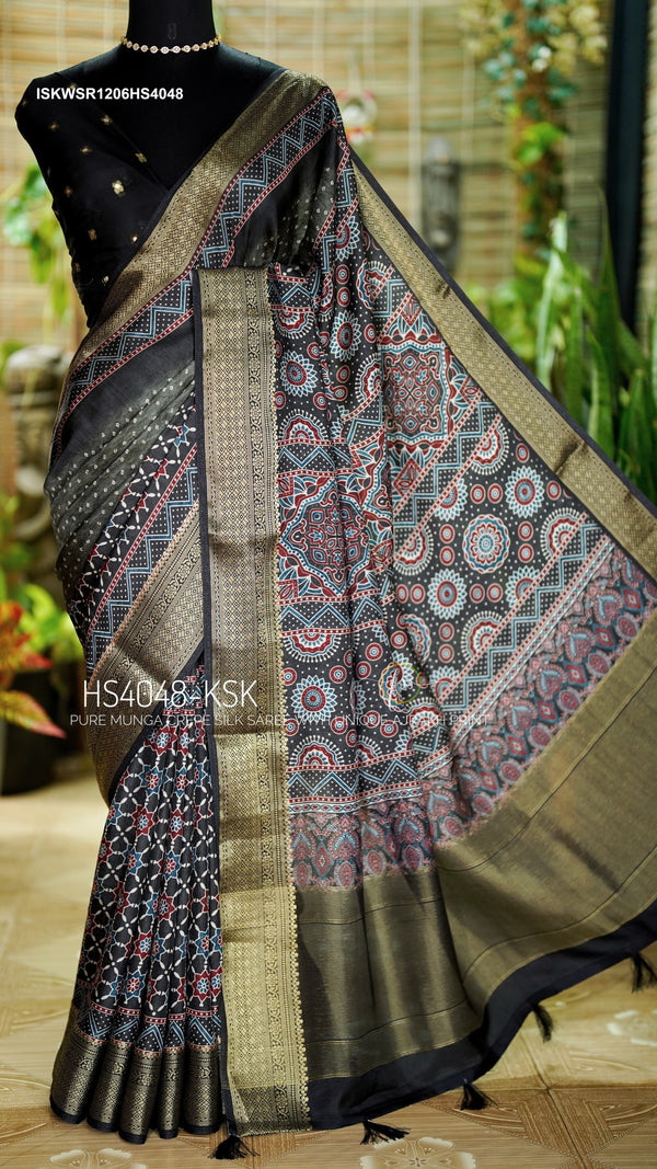 Indigo Ajrakh Printed Munga Crepe Silk Saree With Blouse-ISKWSR1206HS4049/HS4048