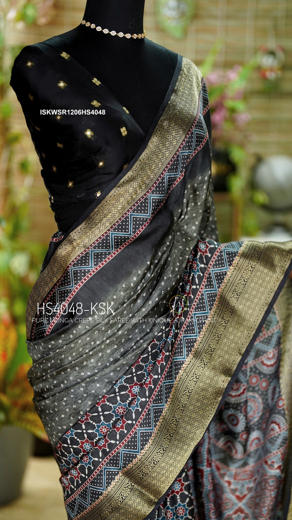Indigo Ajrakh Printed Munga Crepe Silk Saree With Blouse-ISKWSR1206HS4049/HS4048