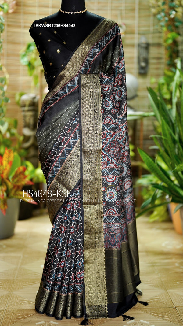 Indigo Ajrakh Printed Munga Crepe Silk Saree With Blouse-ISKWSR1206HS4049/HS4048