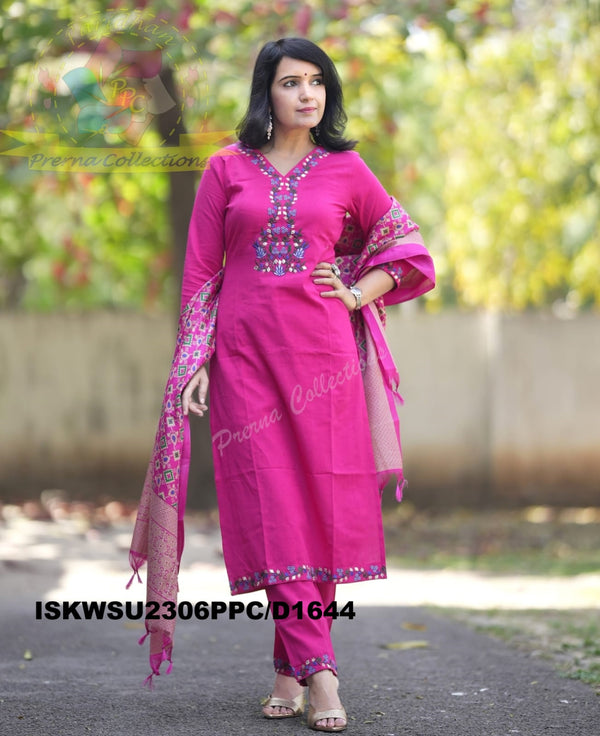 Embroidered Handloom Cotton Kurti With Pant And Banarasi Printed Khadi Silk Dupatta-ISKWSU2306PPC/D1644
