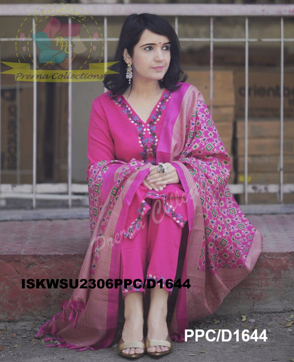 Embroidered Handloom Cotton Kurti With Pant And Banarasi Printed Khadi Silk Dupatta-ISKWSU2306PPC/D1644