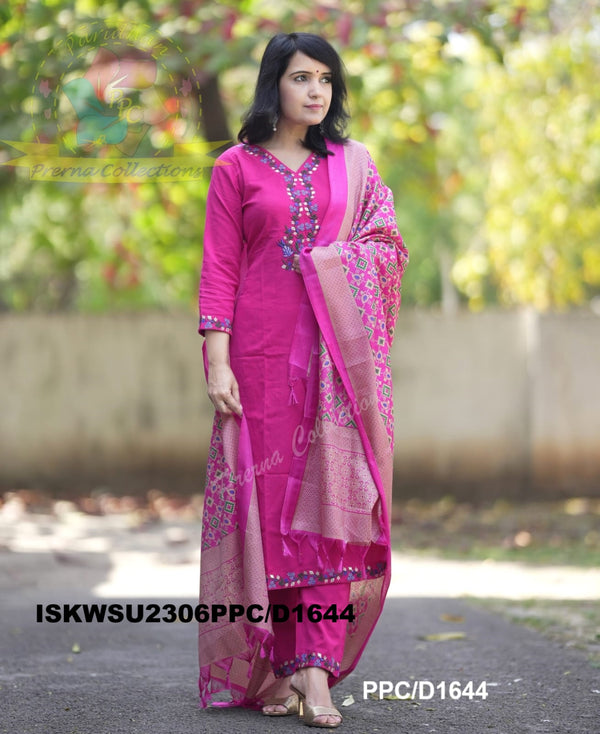 Embroidered Handloom Cotton Kurti With Pant And Banarasi Printed Khadi Silk Dupatta-ISKWSU2306PPC/D1644