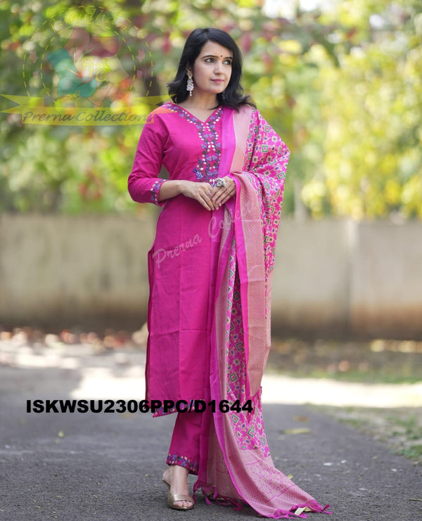 Embroidered Handloom Cotton Kurti With Pant And Banarasi Printed Khadi Silk Dupatta-ISKWSU2306PPC/D1644