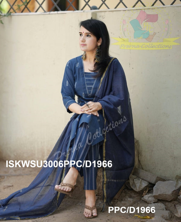 Hand Weaved Cotton Kurti With Pant And Kota Doriya Dupatta-ISKWSU3006PPC/D1966