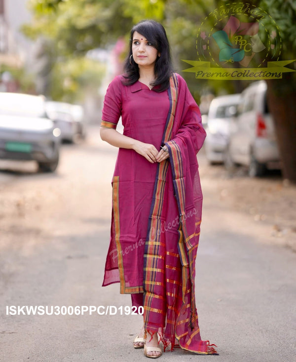 Handloom Cotton Kurti With Cotton Silk Pant And Handloom Dupatta-ISKWSU3006PPC/D1920