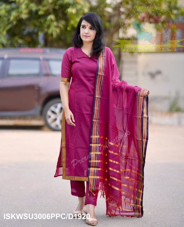 Handloom Cotton Kurti With Cotton Silk Pant And Handloom Dupatta-ISKWSU3006PPC/D1920