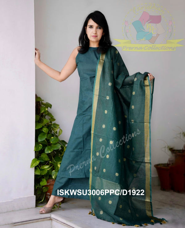 Handloom A-Line Kurti With Handloom Cotton Palazzo And Linen Weaved Dupatta-ISKWSU3006PPC/D1922