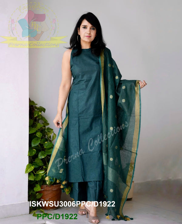 Handloom A-Line Kurti With Handloom Cotton Palazzo And Linen Weaved Dupatta-ISKWSU3006PPC/D1922