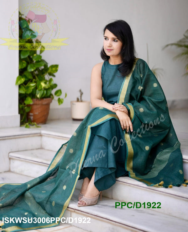 Handloom A-Line Kurti With Handloom Cotton Palazzo And Linen Weaved Dupatta-ISKWSU3006PPC/D1922