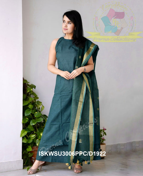 Handloom A-Line Kurti With Handloom Cotton Palazzo And Linen Weaved Dupatta-ISKWSU3006PPC/D1922
