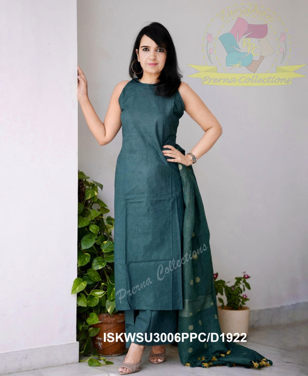 Handloom A-Line Kurti With Handloom Cotton Palazzo And Linen Weaved Dupatta-ISKWSU3006PPC/D1922