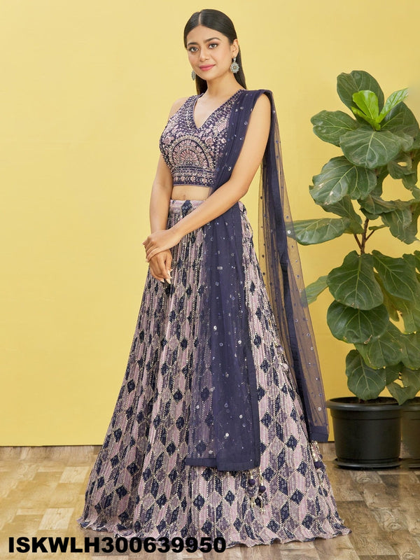 Printed Chinon Pleated Lehenga With Blouse And Net Dupatta-ISKWLH300639950