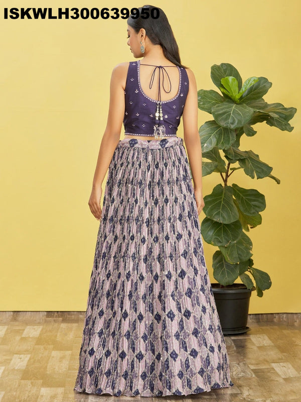 Printed Chinon Pleated Lehenga With Blouse And Net Dupatta-ISKWLH300639950