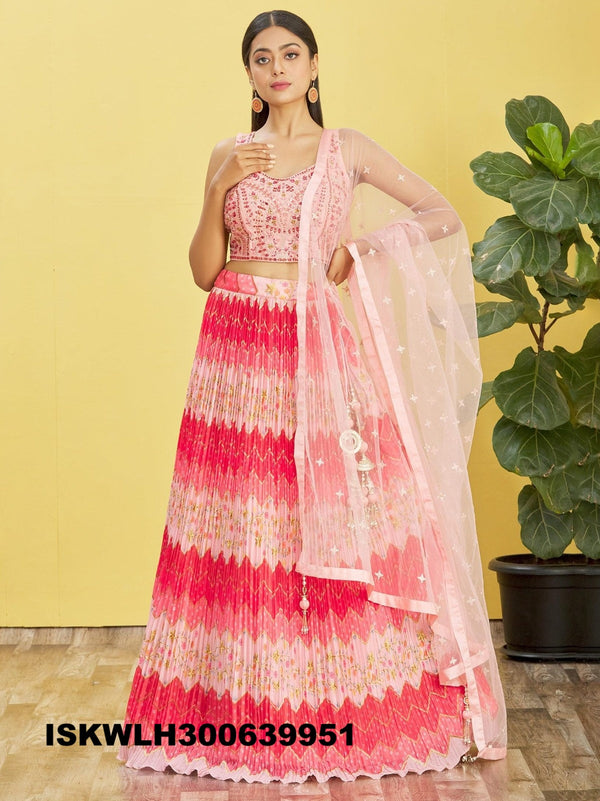 Printed Chinon Pleated Lehenga With Blouse And Net Dupatta-ISKWLH300639951