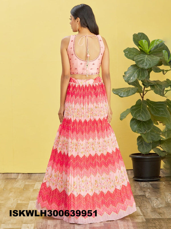 Printed Chinon Pleated Lehenga With Blouse And Net Dupatta-ISKWLH300639951