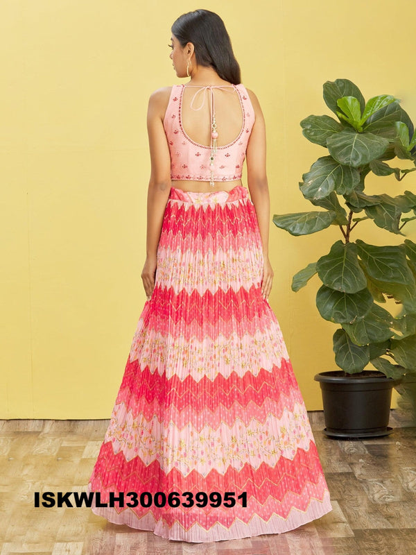 Printed Chinon Pleated Lehenga With Blouse And Net Dupatta-ISKWLH300639951
