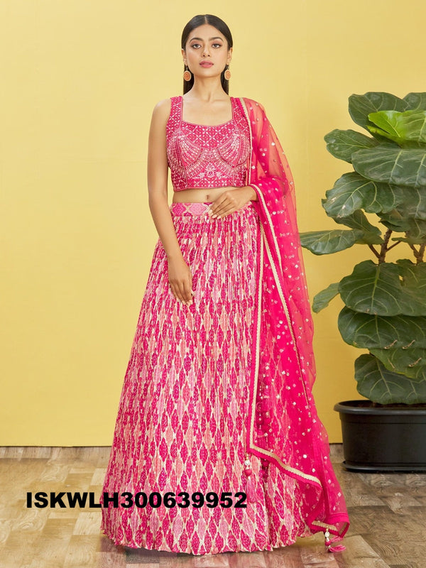 Printed Chinon Pleated Lehenga With Blouse And Net Dupatta-ISKWLH300639952
