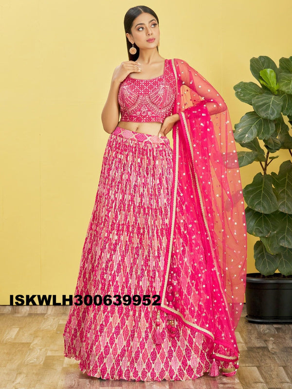 Printed Chinon Pleated Lehenga With Blouse And Net Dupatta-ISKWLH300639952
