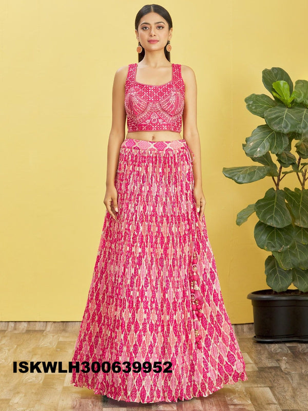 Printed Chinon Pleated Lehenga With Blouse And Net Dupatta-ISKWLH300639952
