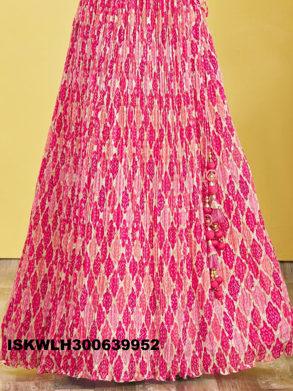 Printed Chinon Pleated Lehenga With Blouse And Net Dupatta-ISKWLH300639952