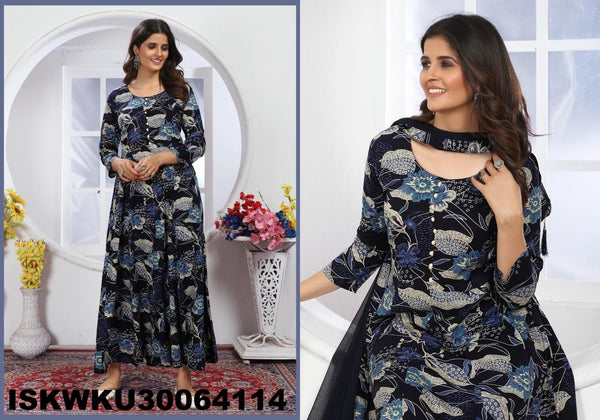 Digital Printed Rayon Anarkali Kurti With Nazmeen Dupatta-ISKWKU30064114/4113